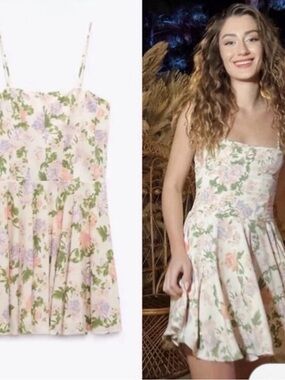 Zara Floral Spaghetti-Strap Dress in Cream, Pink & Green